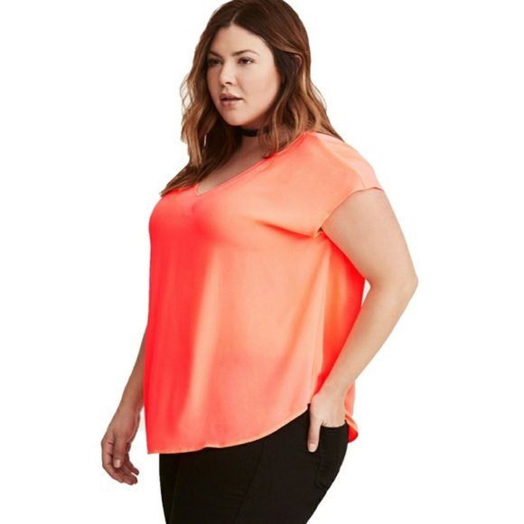 $10 SALE🎉 TORRID Woman's Neon Coral Georgette V-neck Chiffon Inset Blouse Top 0 - Picture 3 of 9